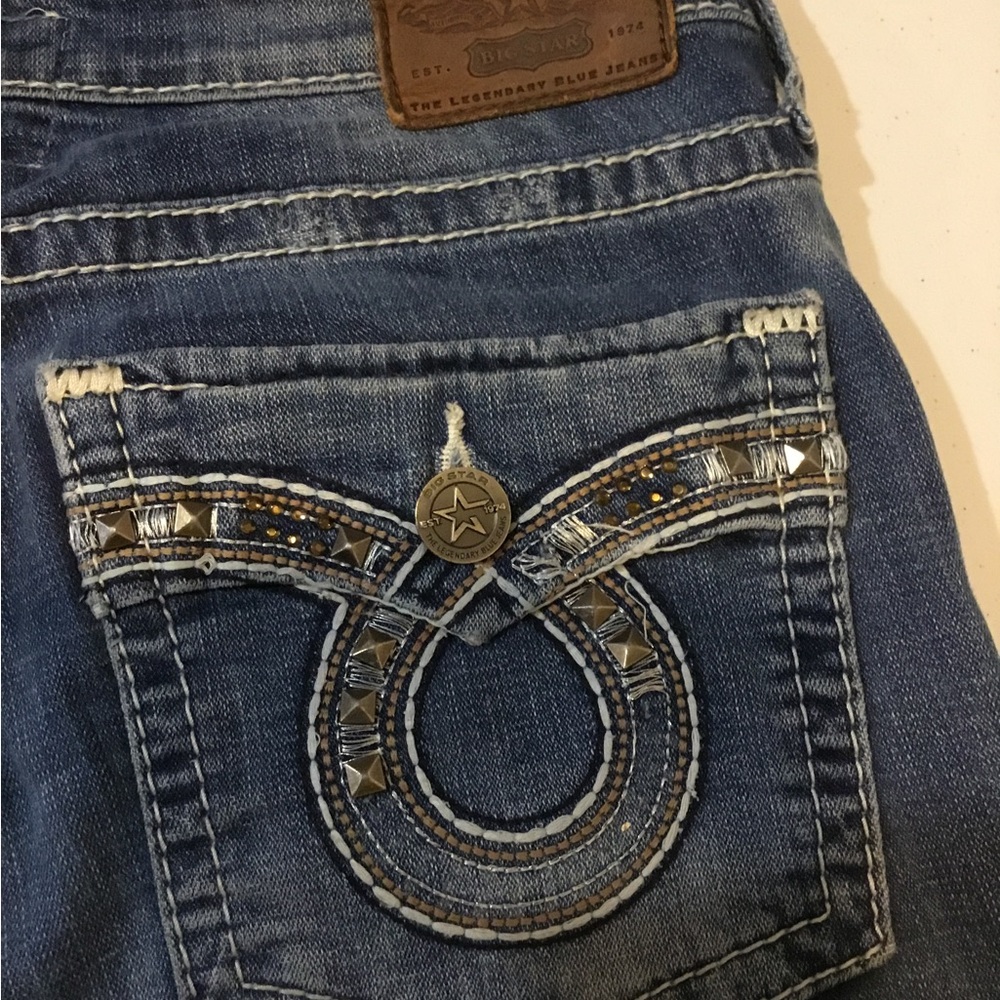 Big Star Women's Distressed Blue Denim Jeans with Embellishment Pocket - Picture 13 of 16